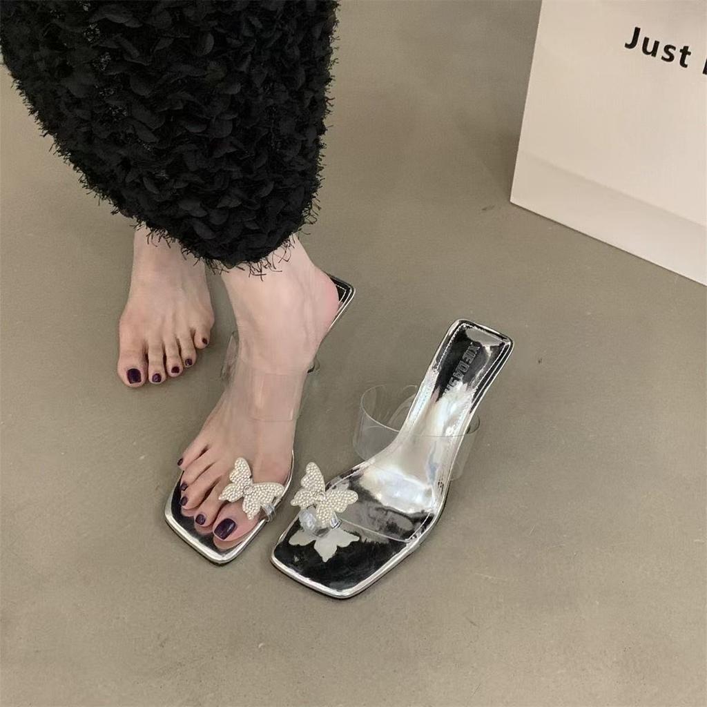 Strass Schmetterling Quadratischer Kopf High Heel Sandalen Damen 2025 Neu Sommer Mode Sexy Vielseitig Transparent Pantoletten Damen