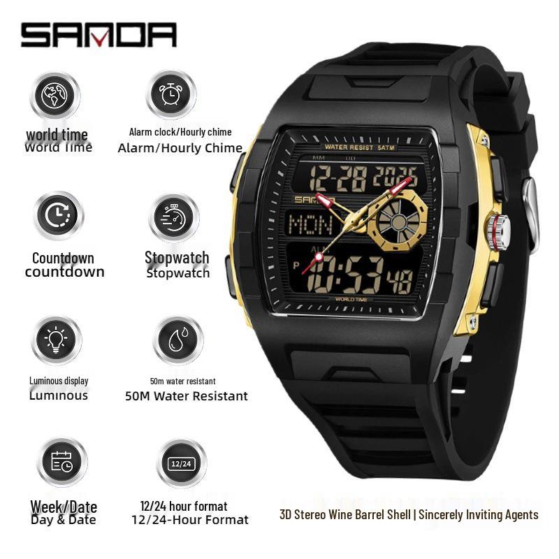 Sanda Men's Sports Barrel-Shaped Luminous Countdown Watch with Triple Time Zone and Dual Display, Waterproof Design.