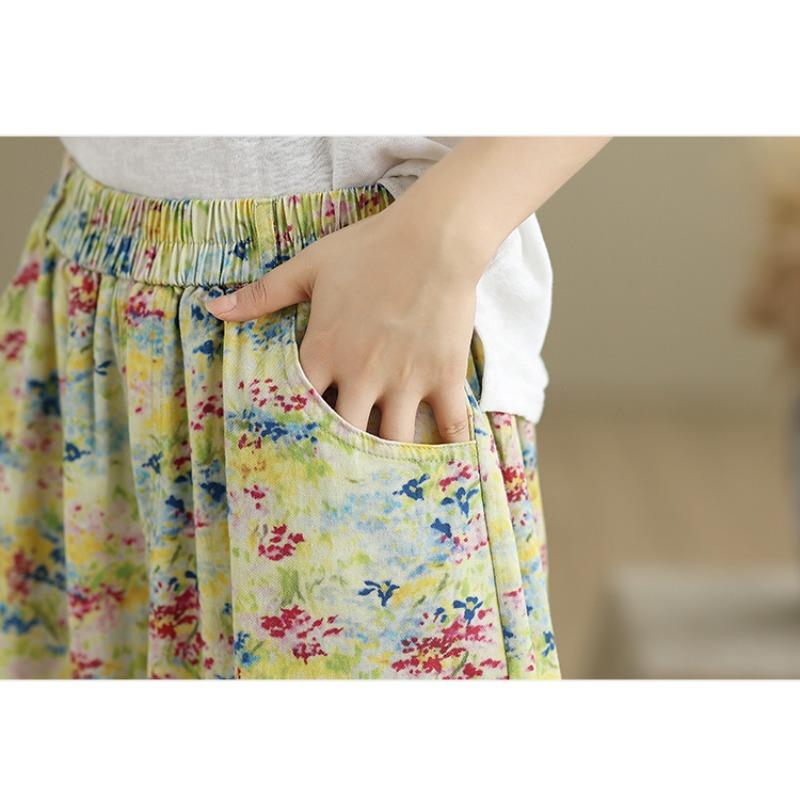 DIMANAF 2025 Übergröße Sommer Basic Elastische Jeans Neue Hosen Damen Locker Denim Hosen Groß Lässig Blumenhose