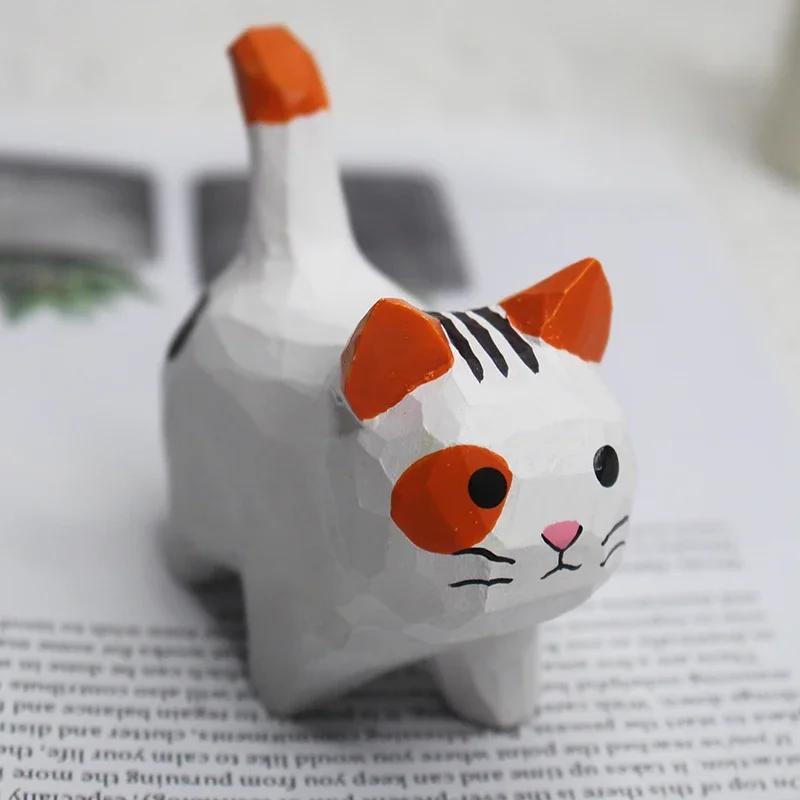 Håndlaget Treskjæring Kattunge Ornamenter Små dyr Kreativt Skrivebord Tre Kattdekorasjonshåndverk