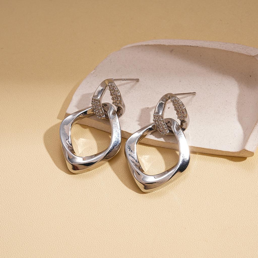 Zircon geometric rhombus twisted silver needle earrings fashion versatile niche earrings