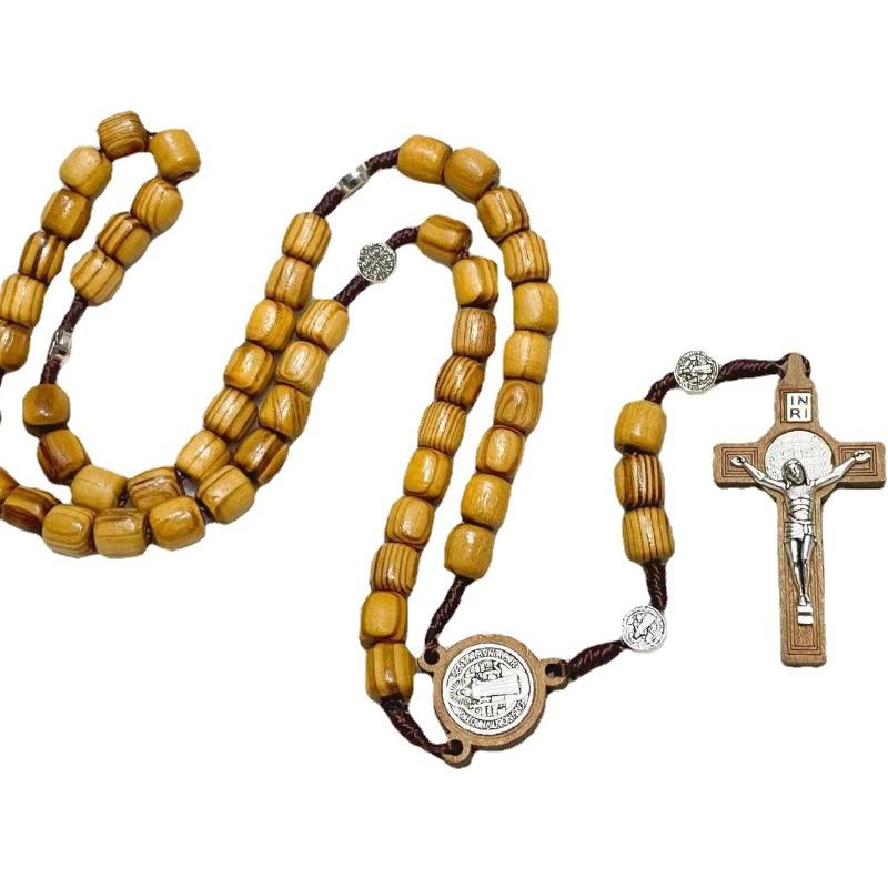 Rosario in Legno d'Olivo Collana Cattolica Medaglia di San Benedetto Crocifisso Croce Regalo Donne Uomini Cattolico