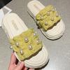 Fashion Women's Fashion Waterproof Platform Flat Sandals Summer New Round Head Fabric Bead Anti-slip Wear-resistant Slippers