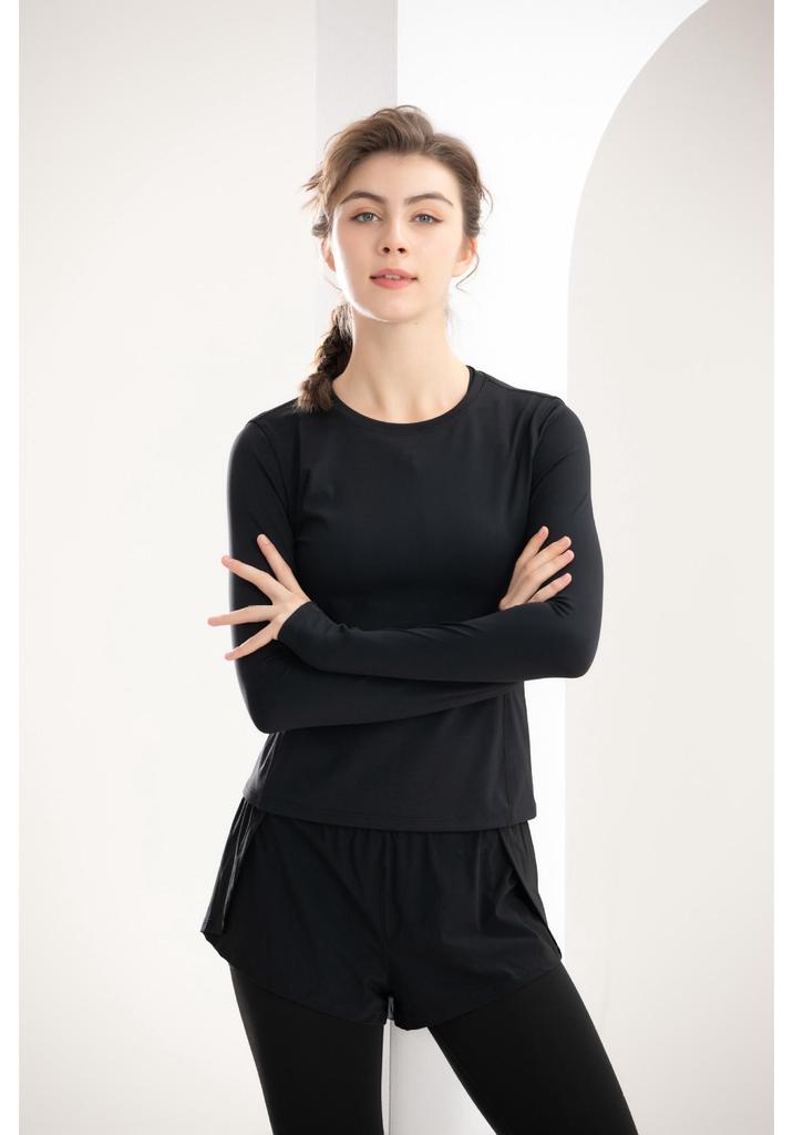 Women's Round Neck Long Sleeve Fitness T-shirt - High Elasticity Sports Top for Yoga, Running, Cycling