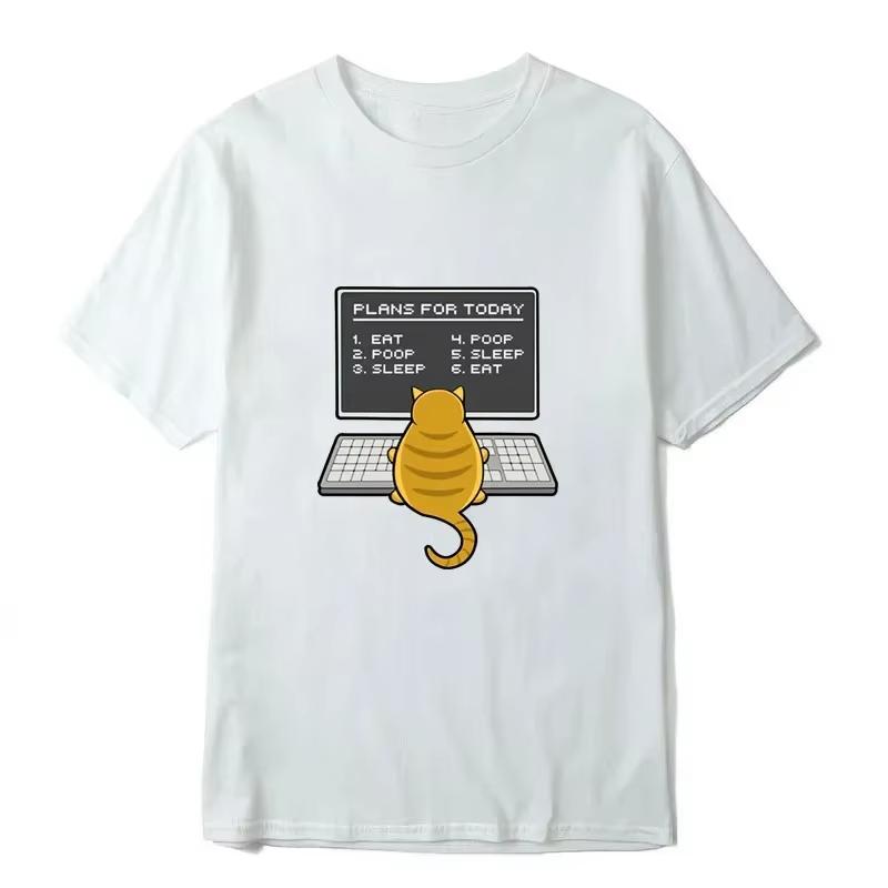 Summer Men's Funny Programmer Print T-shirt Casual Loose Round Neck Working Cat Design Cool Men's Clothing