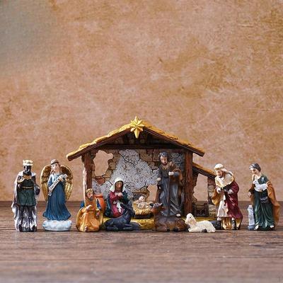 12Pcs Christmas Nativity Figurines Jesus Manger Scene Authentic Rustic Hand Painted Holy Family