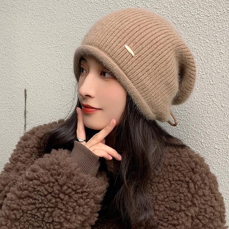 Autumn and winter wool hat women's big head circumference shows small face, ear protection keeps warm, imitation rabbit hair knitted drawstring