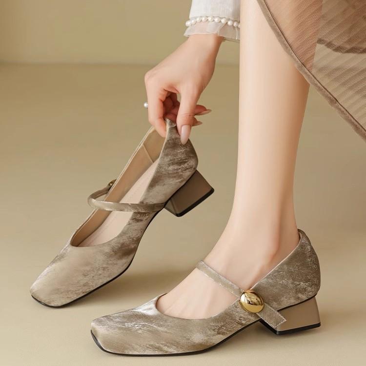 Coarse Heel French Single Shoes Women's Square Head Beautiful Low Heel Ballet Shoes Retro One-word Buckle Mary Jane Shoes