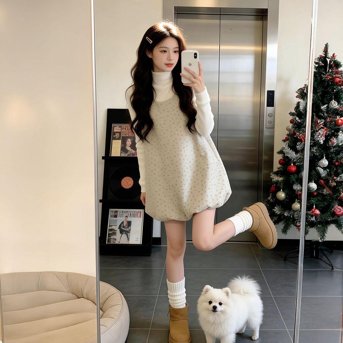 

Korean Floral U-Neck Sleeveless Tulip Dress with Sweater Layering Set for Women - Spring Collection 2XL Recommended 60-65 kg
