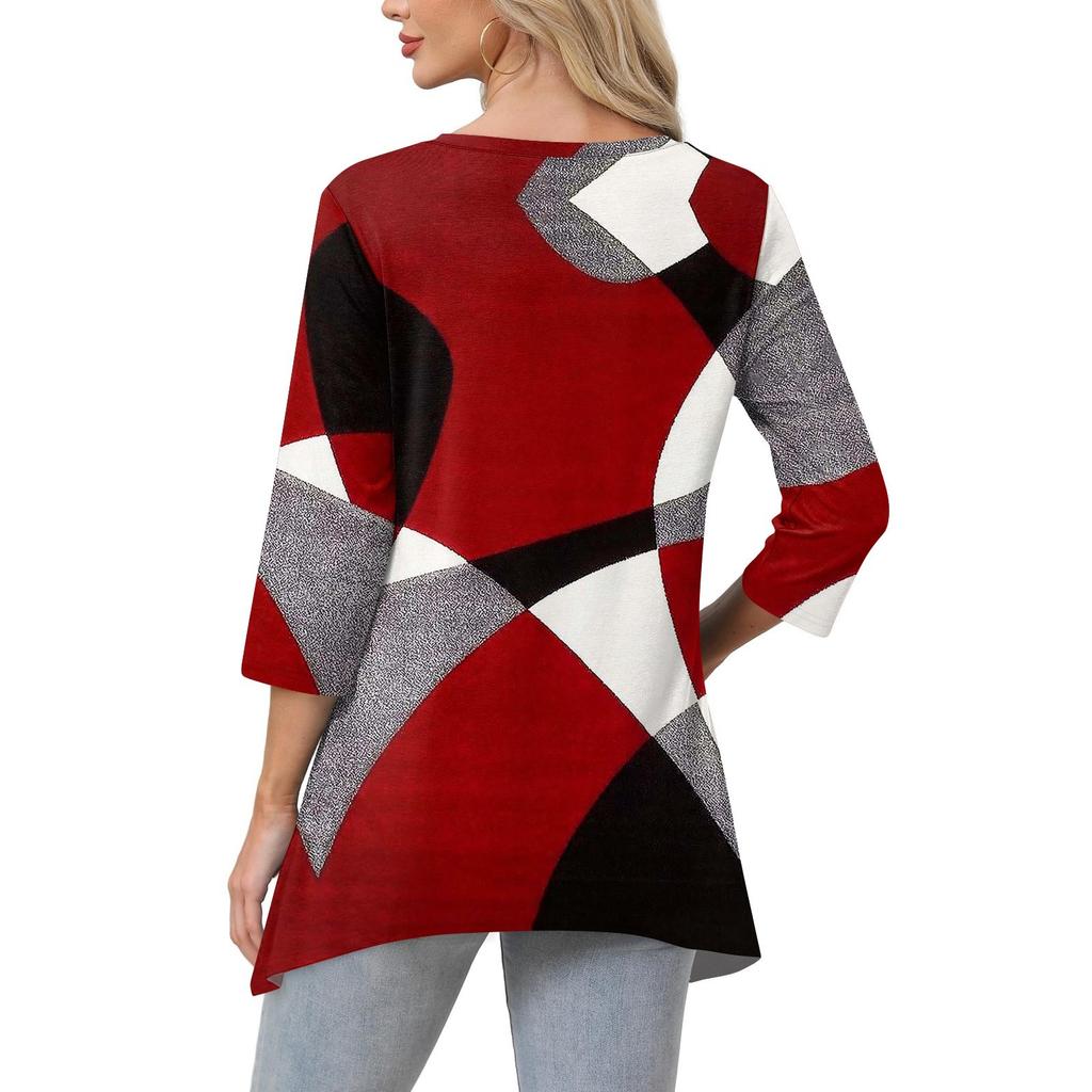 Womens Tops V-neck 3/4 Sleeve Blouses Casual Mid-length Shirts Fashion Print Tunic Tops