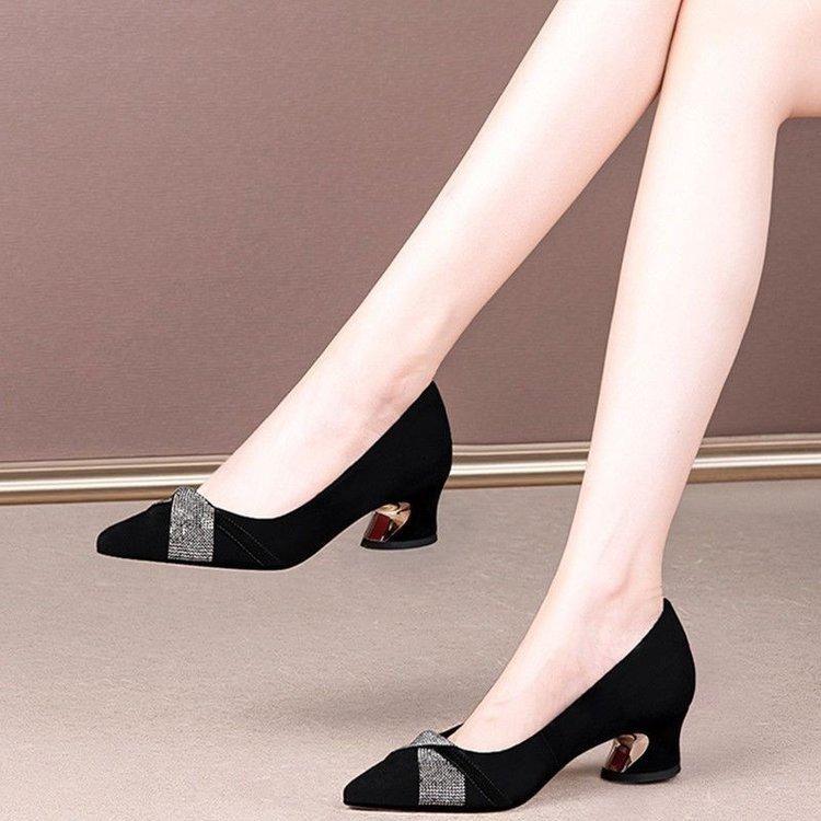 Fashion temperament rhinestone shallow mouth single shoes women's middle heel 2025 autumn new fashion versatile pointed thick heel high heels