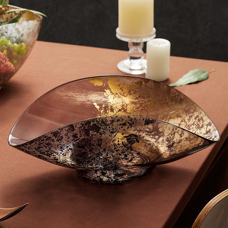 Gold Leaf Fruit Plate European Handmade Creative Glass Plate Home Decoration Glass Container Food Fruit Plate