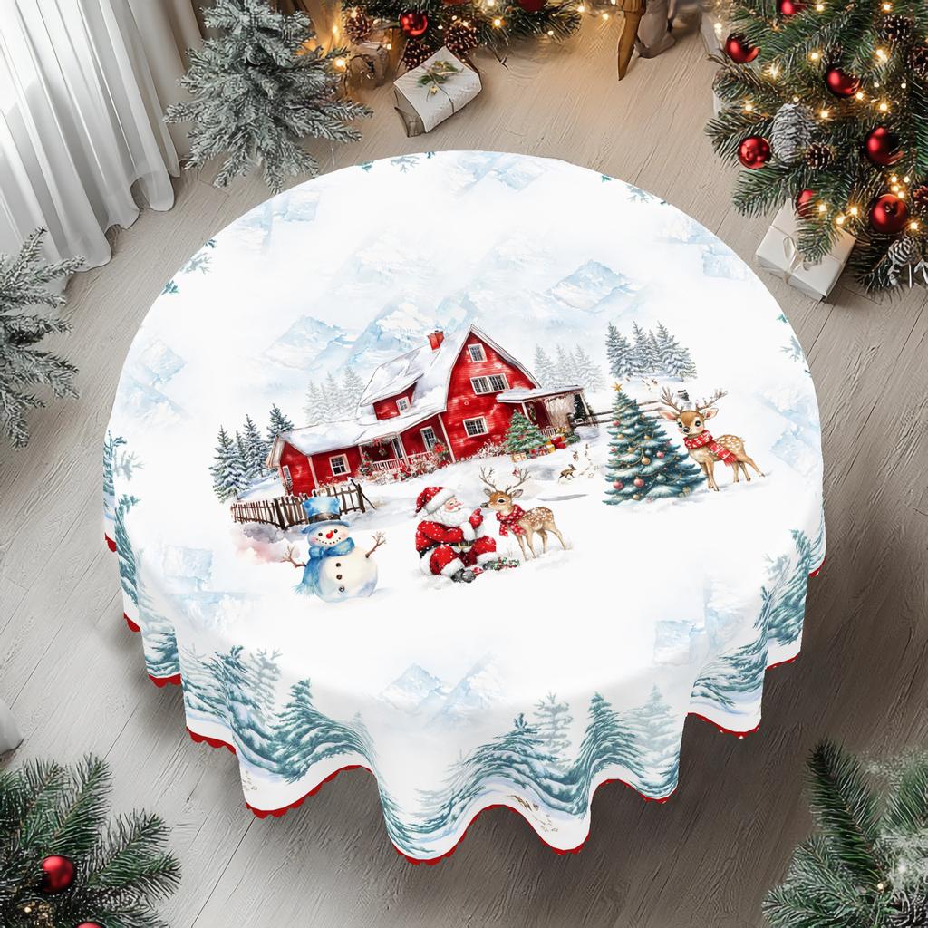1 Piece Of Christmas Round And Rectangular Tablecloth, Available In Various Sizes, White Snow And Santa Claus Gift Box Snowflake White Tablecloth, Sui
