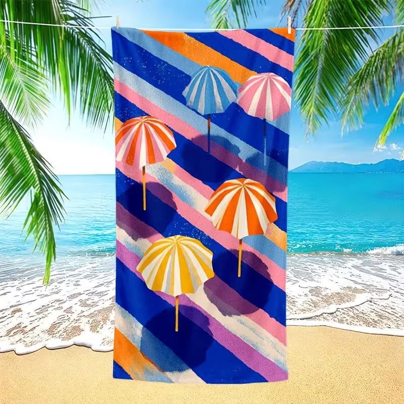 

Summer Beach Umbrella Stripe Print Beach Towel Soft Absorbent Quick-Dry Large Swim Towel for Vacation Pool Swimming W40*H60(CM)