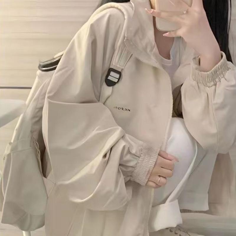 Women's Harajuku Minimalist Jacket Student Baseball Style Loose Casual Versatile Trendy Windbreaker Jacket Top for Spring and Autumn