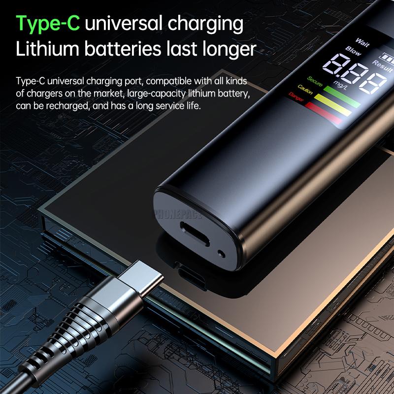 Electronic Breathalyzer Breath Alcohol Detector Portable Professional High Sensitivity Type-c Charging Drunk Driving Car Tester