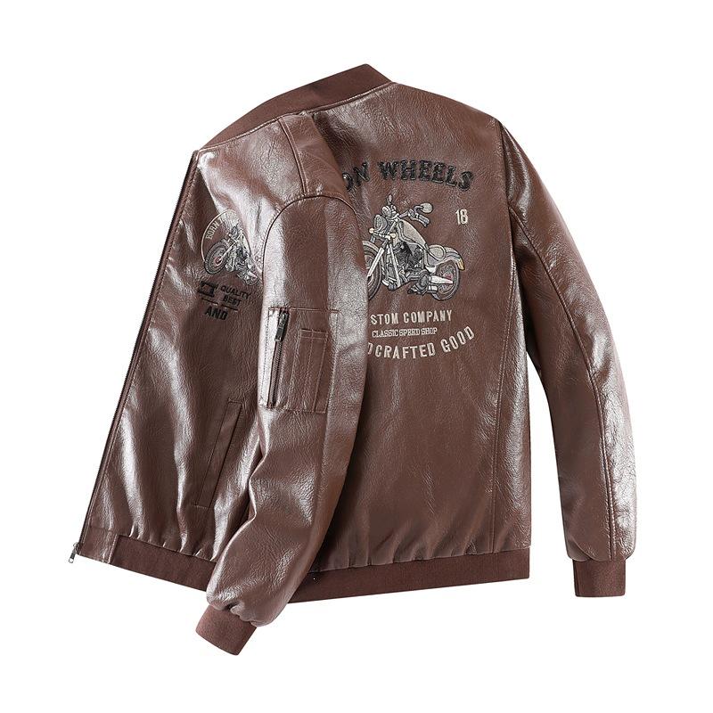 New spring large size leather jacket men's spring and autumn Hong Kong style men's fashion jacket large size plus fat loose stand-up collar men