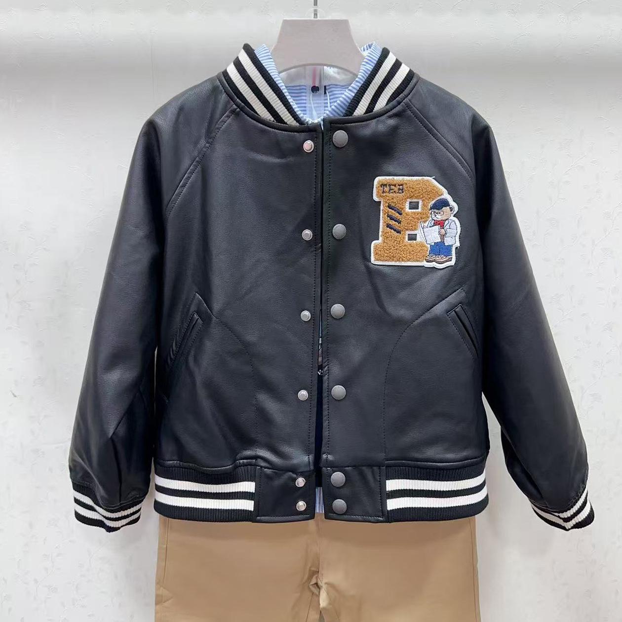 

Boys Trendy Leather Baseball Jacket with Embroidery - Spring/Autumn Style, Single-Breasted, Long-Sleeved Outerwear 120 cm чорний