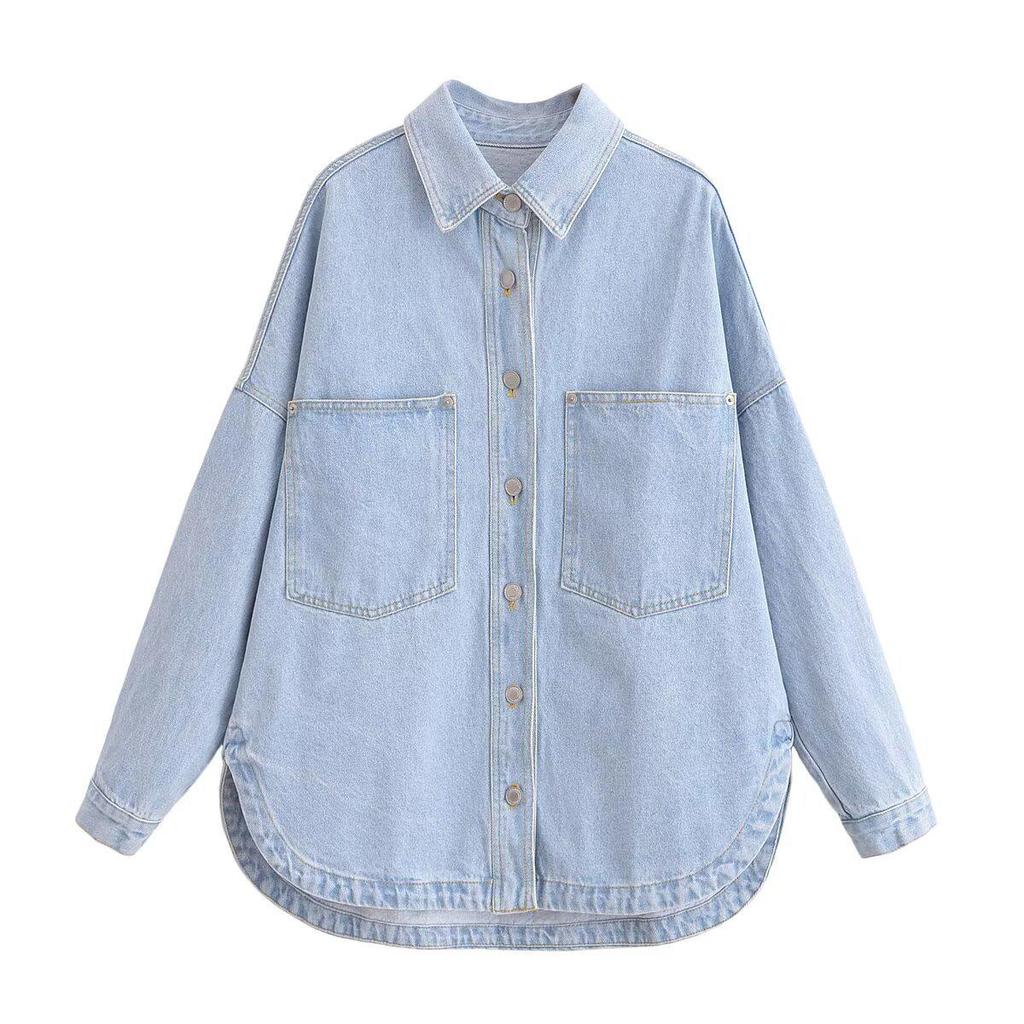 Plus-size Retro Lapel Long Sleeve High-Quality Denim Shirt Jacket for Women