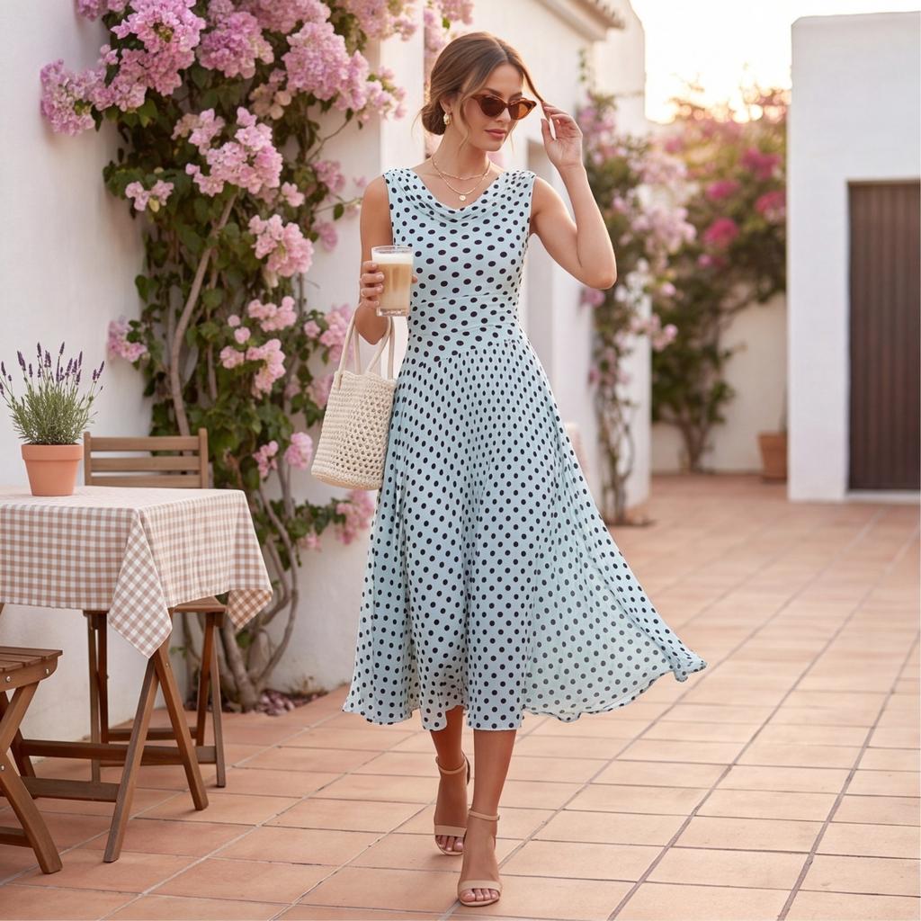 Women Sleeveless Polka Dot Style Midi Dress Elegant A Line Fit and Flare Lightweight Summer Dress for Daily Wear