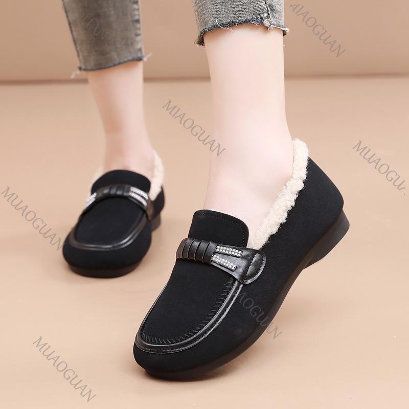 Fashion 2025 Winter New Women's Casual Warm Flats Mom Shoes Flat Bottom Slip on Comfortable Versatile Daily Suede Solid Cotton Shoes