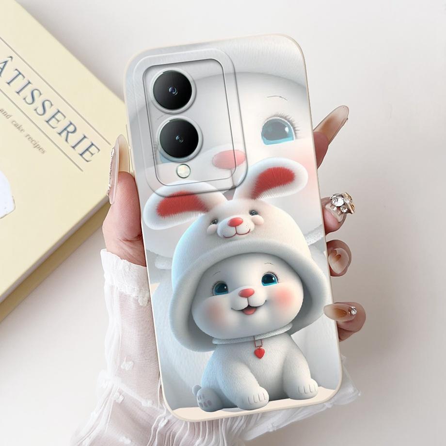 For Vivo Y28 5G Y29 5G V2420 Phone Case Vivo Y17s Y19s V2419 Back Cover Soft Liquid Silicone Pnada Rabbit Flower Cute Fundas