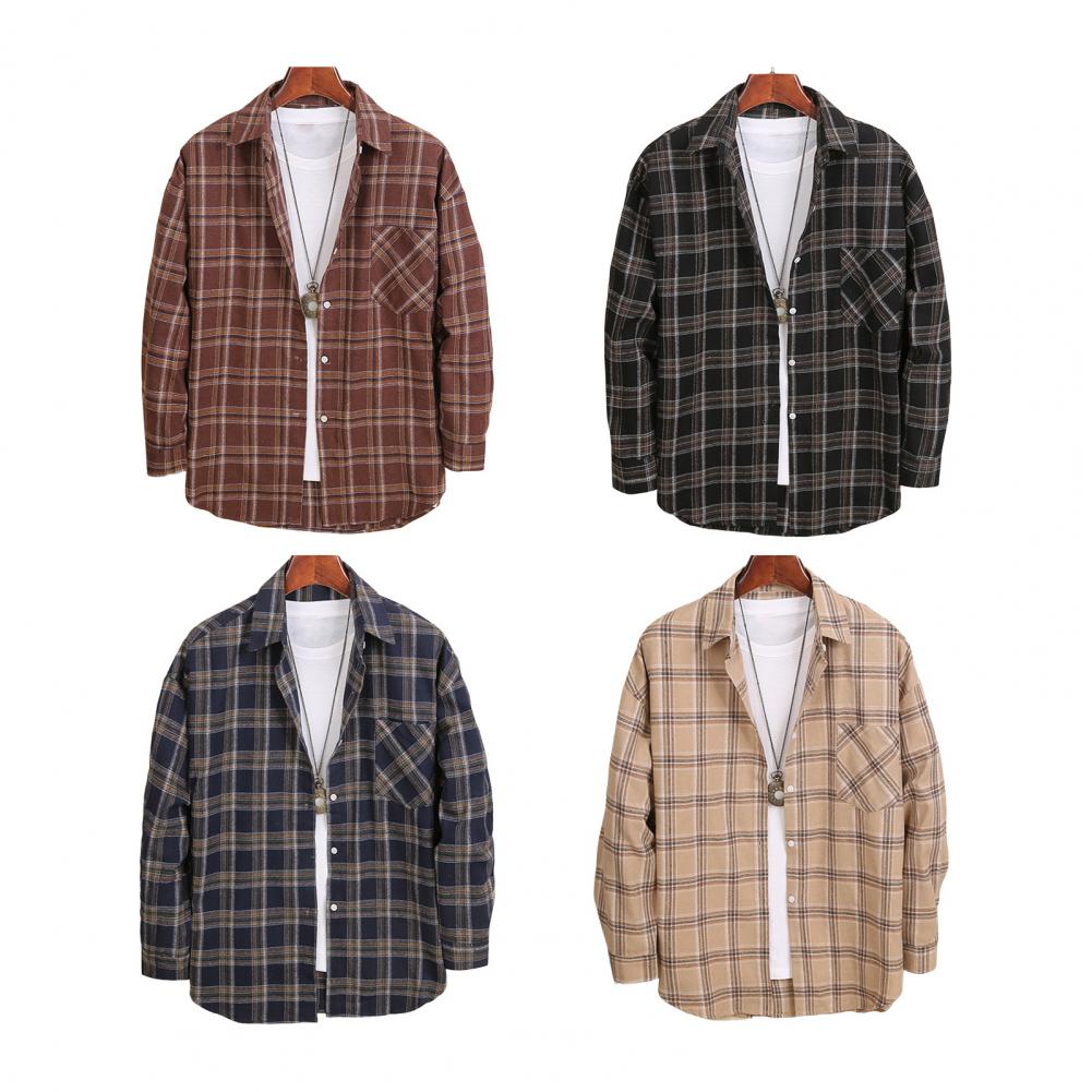 Herre Vår Høst Skjorte Nedslått Krage Enkeltspent Rutete Trykk Langermet Løs Passform Japansk Stil Cardigan Formell Business