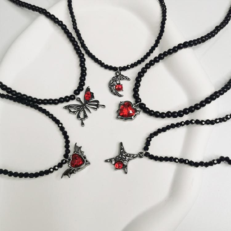 Fashionable Necklace Adornment With Black Crystal Beads Highlighting Heart And Butterfly Symbols For Modern Women