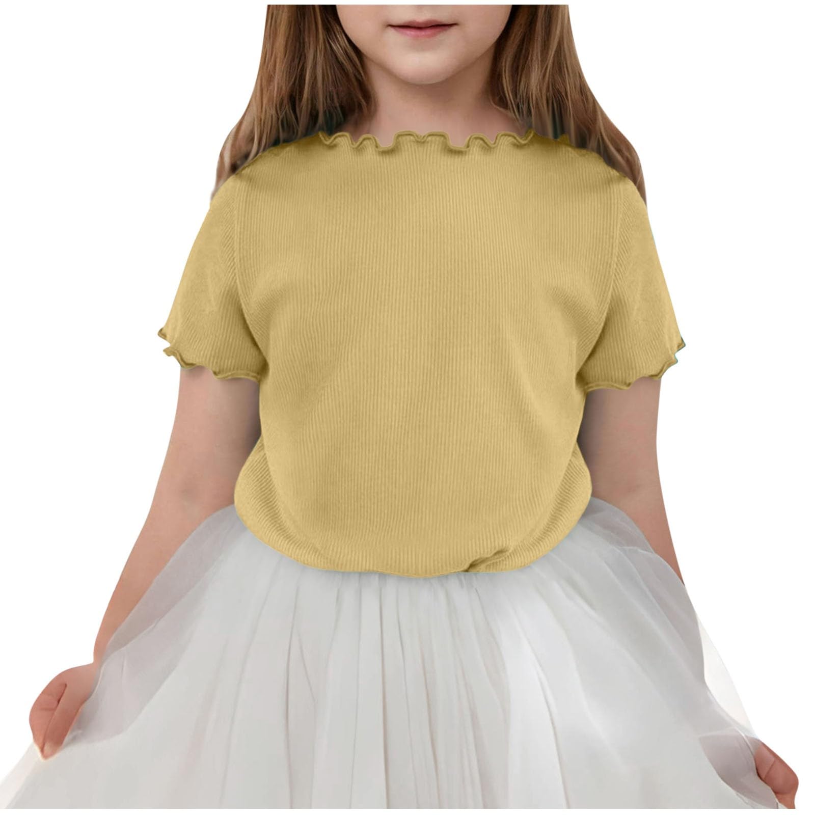 

Cute Ribbed Knitted Lettuce Trimmed Fashionable Round Neck Top For Children 140