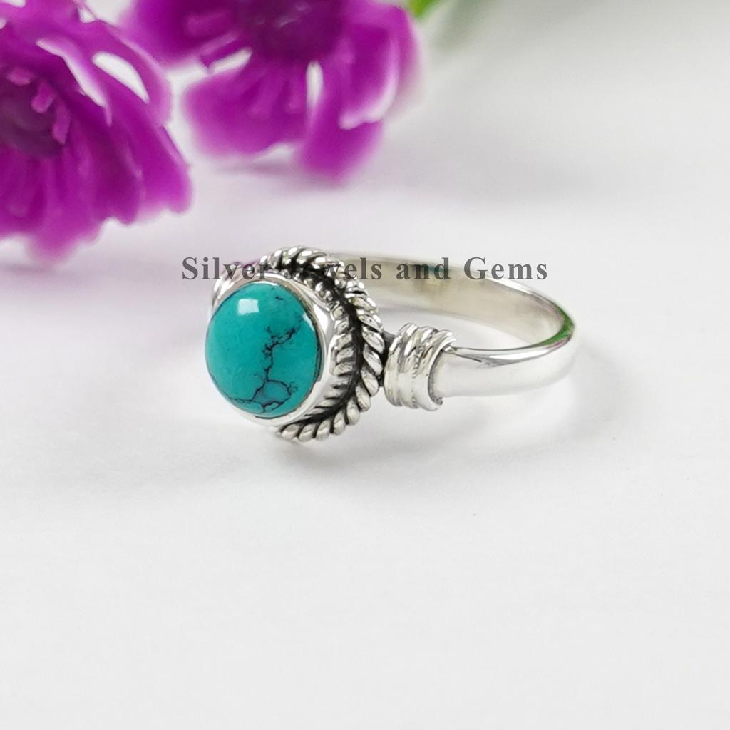 Runder Türkisring, Handgefertigter Ring aus 925er Sterlingsilber, Natürlicher Türkis Design Ring, Geburtssteinring, Verlobungsring, Boho Ring