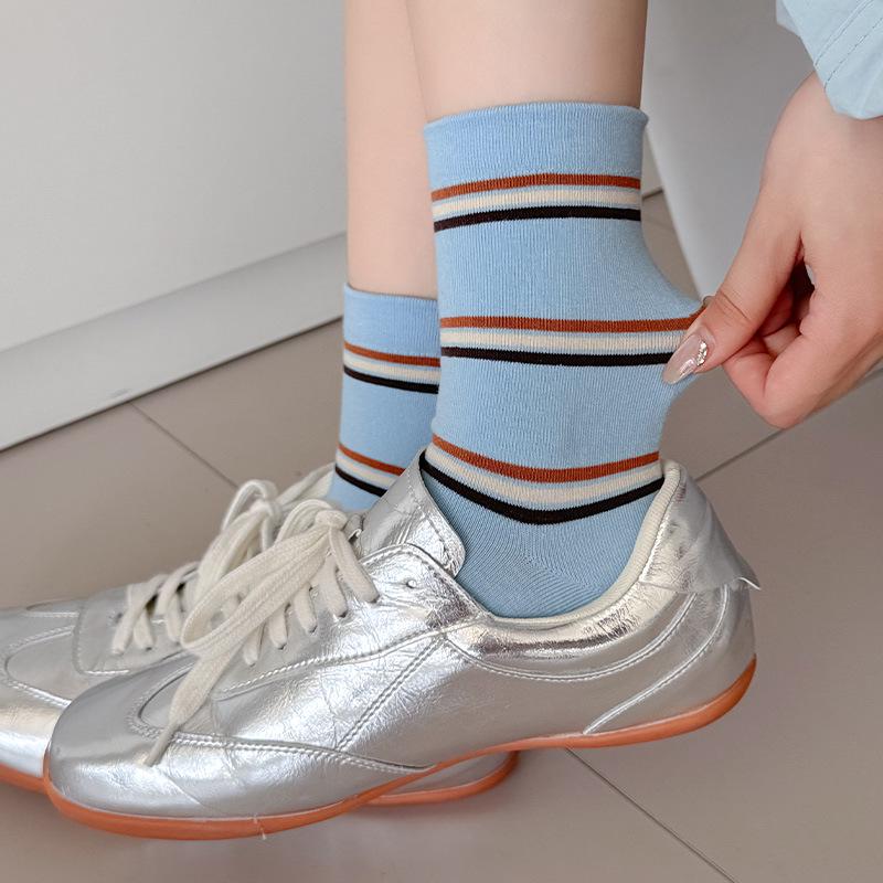 Retro Maillard Coffee Striped Mid-Calf Socks for Women - Autumn/Winter Academic Style Fashion Block Korean Loose Fit.