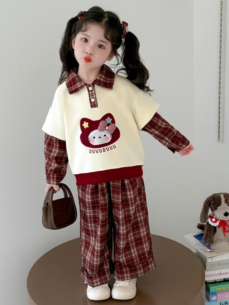 Girls' 2025 Fashion Spring & Autumn Outfit - Red Plaid Two-in-One Set for Toddlers