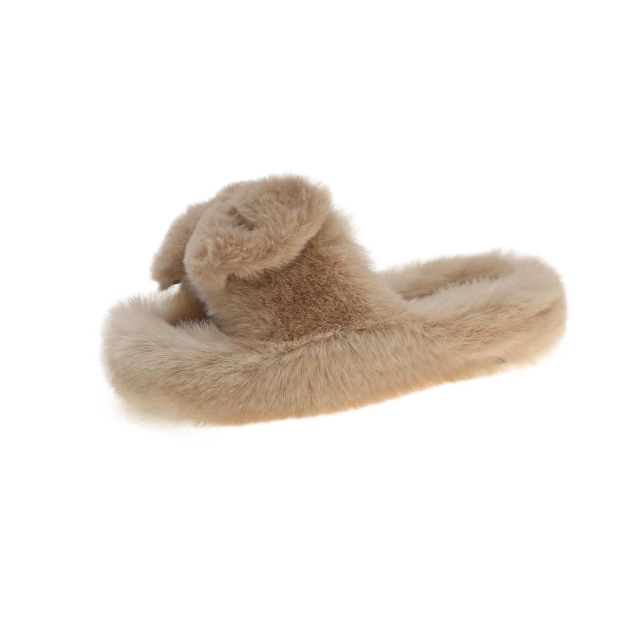 

Fairy wind fluffy slippers female outer wear 2025 new autumn and winter cute plush bow thick bottom one-word cotton slippers 40