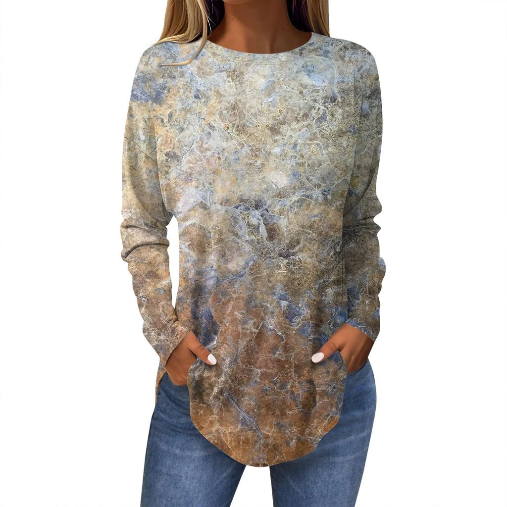 Camiseta de mujer con estampado de hojas en 3D, manga larga, cuello redondo, estilo clásico, ideal para vacaciones, fines de semana, primavera y otoño.