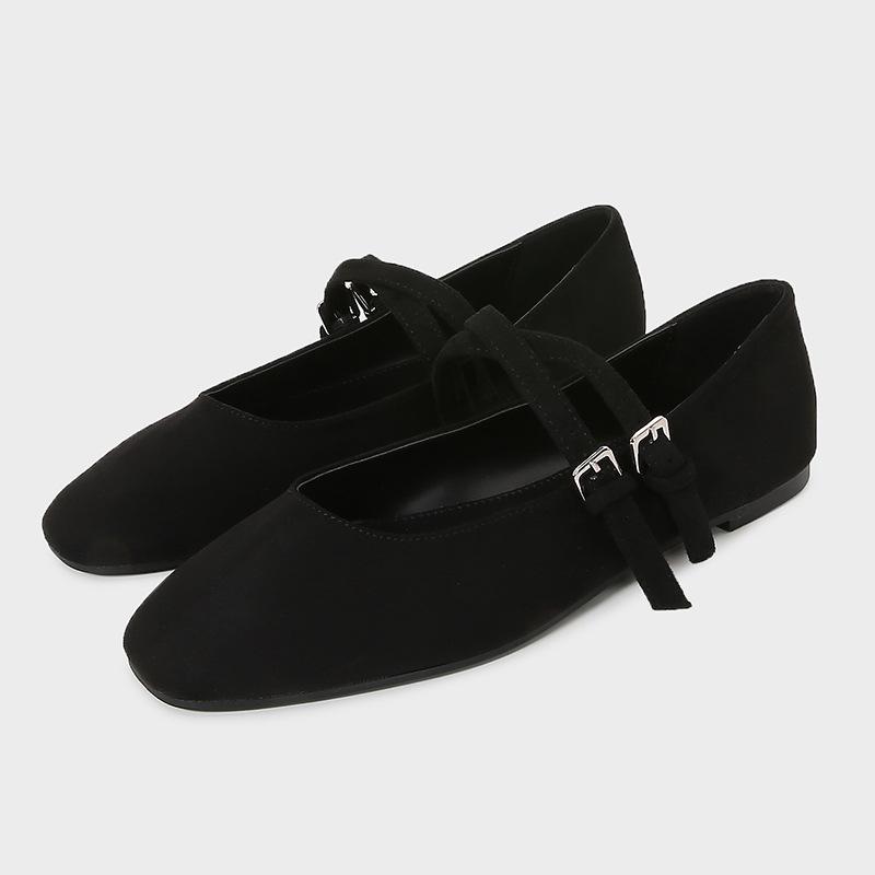 Fashion Black Cross Tied Satin Ballet Flats Women Fashion Square Toe Shallow Buckle Mary Jane Shoes Elegant Comfort Brand Designer Shoes