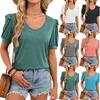 Summer Women's Solid Color V Neck Puff Short Sleeve Loose T-shirt Top, European American Casual Fashion Tee for Women