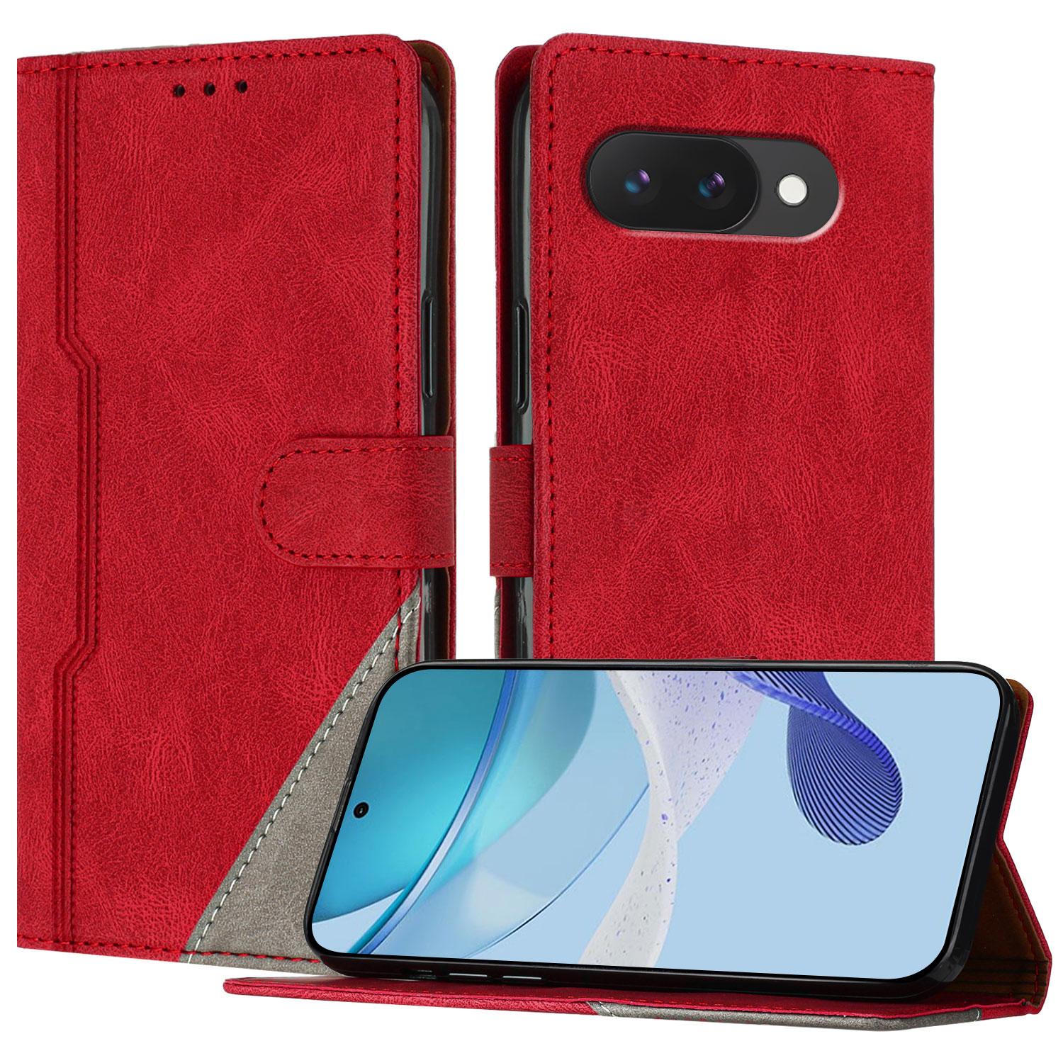 

For Google Pixel 9a Leather Case Triangle Patchwork Wallet Stand Shockproof Phone Cover Red