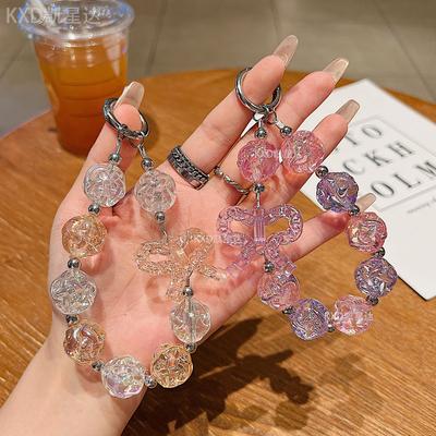 Crystal Transparent Bowknot Beaded Exquisite Flower Short Wrist Pendant Phone Case Earphone Bag Accessories Keychain