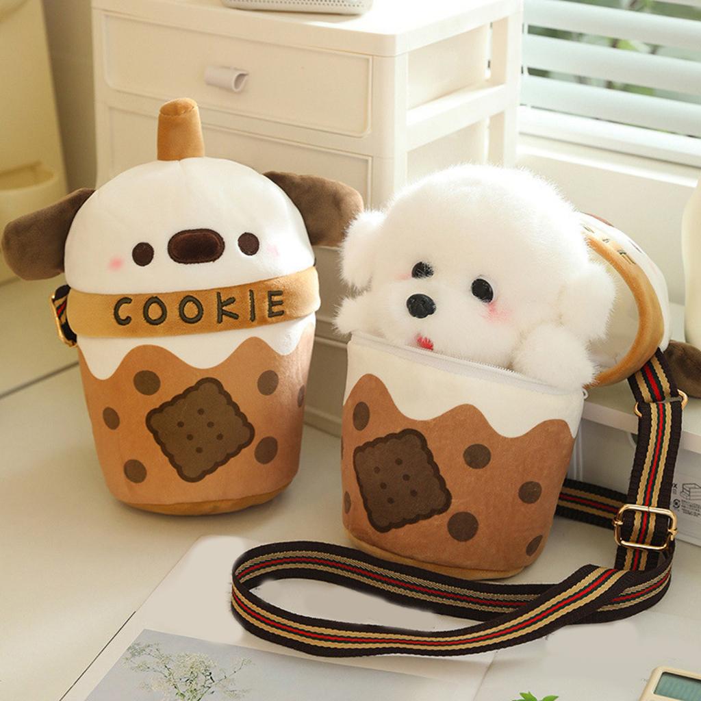 Tea Cup Dog Milk Tea Cup Cute Dog Doll Cross Shoulder Bag Doll Creative Simulation Bomei Plush Toy Girl Gift