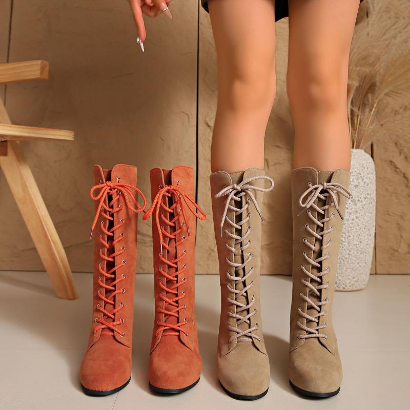 Fashion Khaki Thigh Boots 2025 New Wearable High Heel Comfortable Lace