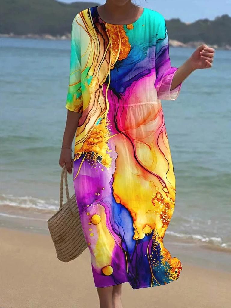 European and American New Large-size Dress Women's Clothing Seaside Vacation Printed Loose Long Dress