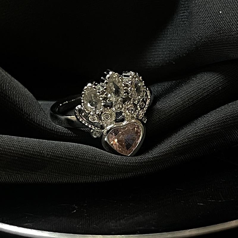 

Gold Crown, Pink Zircon Love Opening Ring, Niche Design, High-End Full Diamond Ring. Adjustable opening