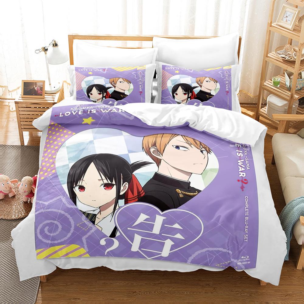 Kaguya Sama Love Is War Bettwäsche-Set 3-teilig Kaguya und Miyuki Herzform Roter Hintergrund Anime-Print Bettbezug Alle Größen