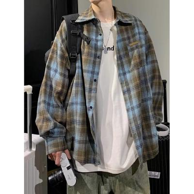 TGNS Chemise Tendance Printemps Plaid Brossé Unisexe Rétro Américain Ample Décontracté Style Japonais Veste de Couple Polyvalente