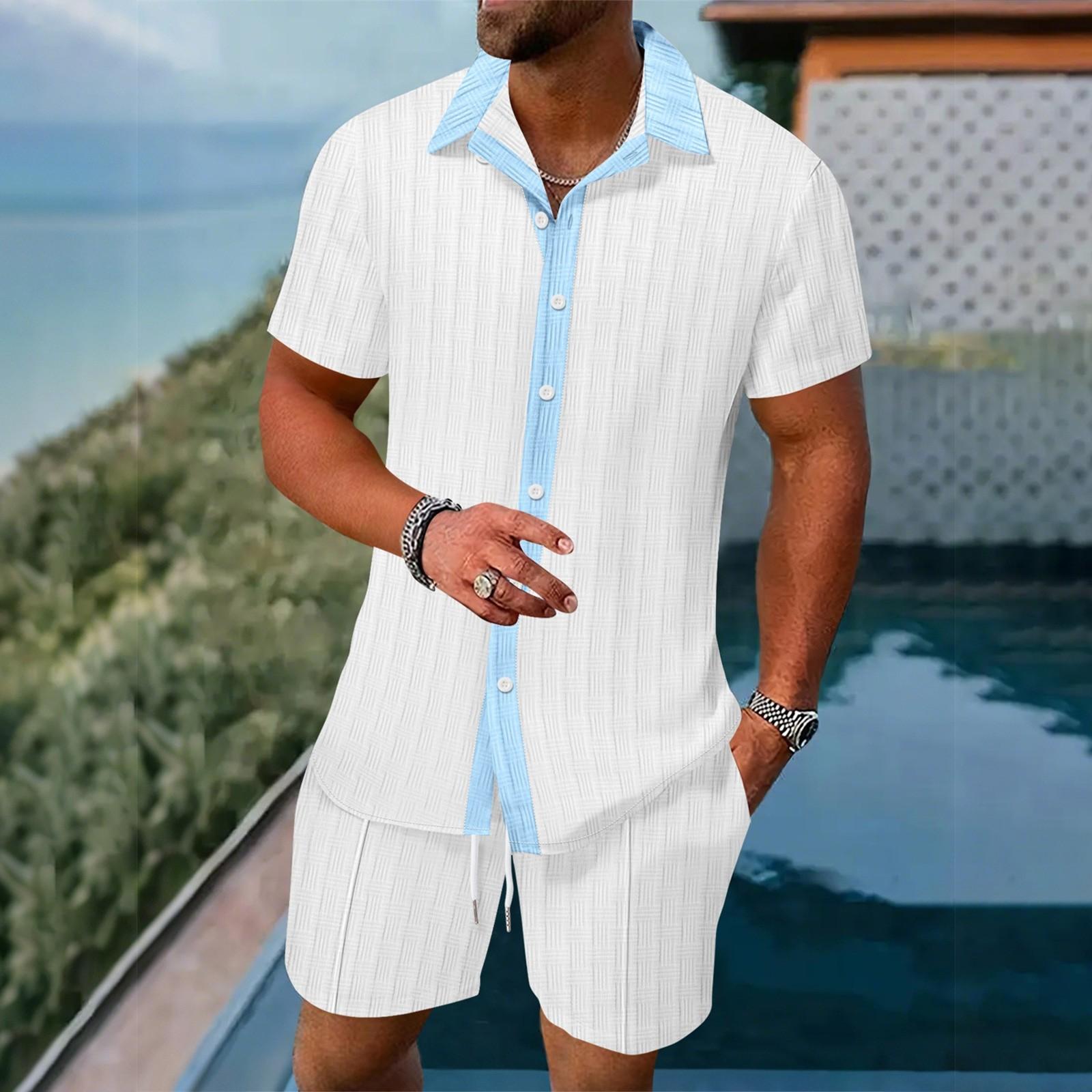 

Мужская рубашка в стиле колор-блок, повседневные шорты с короткими рукавами, пляжный комплект XL белый