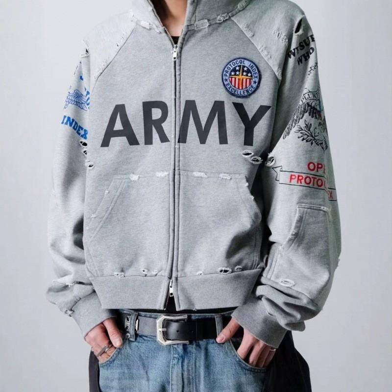 Unisex Distressed Patchwork Hooded Sweatshirt With Embroidered Zipper Front Casual Streetwear