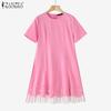 ZANZEA Women Summer Round Neck Casual Short Sleeve Patchwork Dress