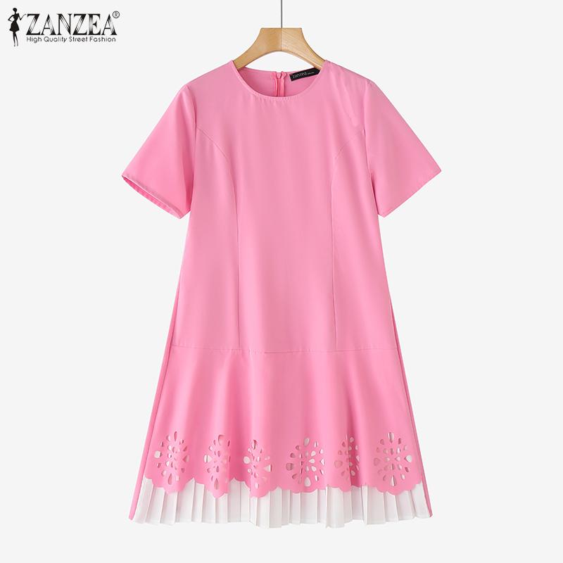 ZANZEA Women Summer Round Neck Casual Short Sleeve Patchwork Dress
