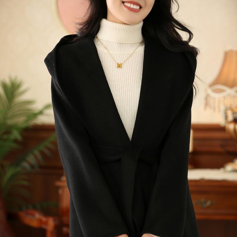 2026 Petite Women's Hooded Double-Sided Wool Coat, Autumn/Winter Mid-Length with Belt