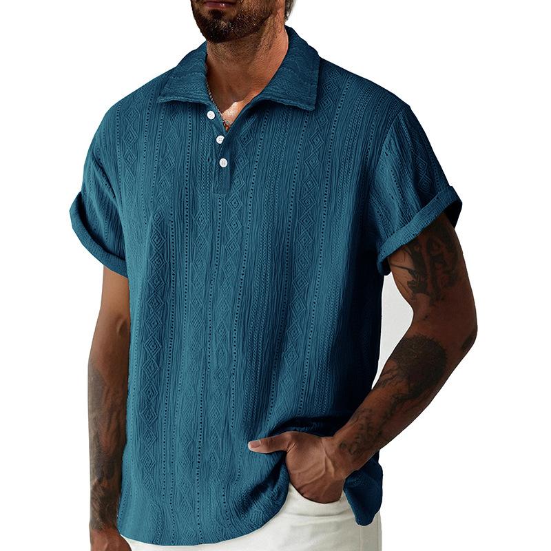 Summer Men Hollow Out Textured Polo Shirt Casual Roll Up Sleeve Top